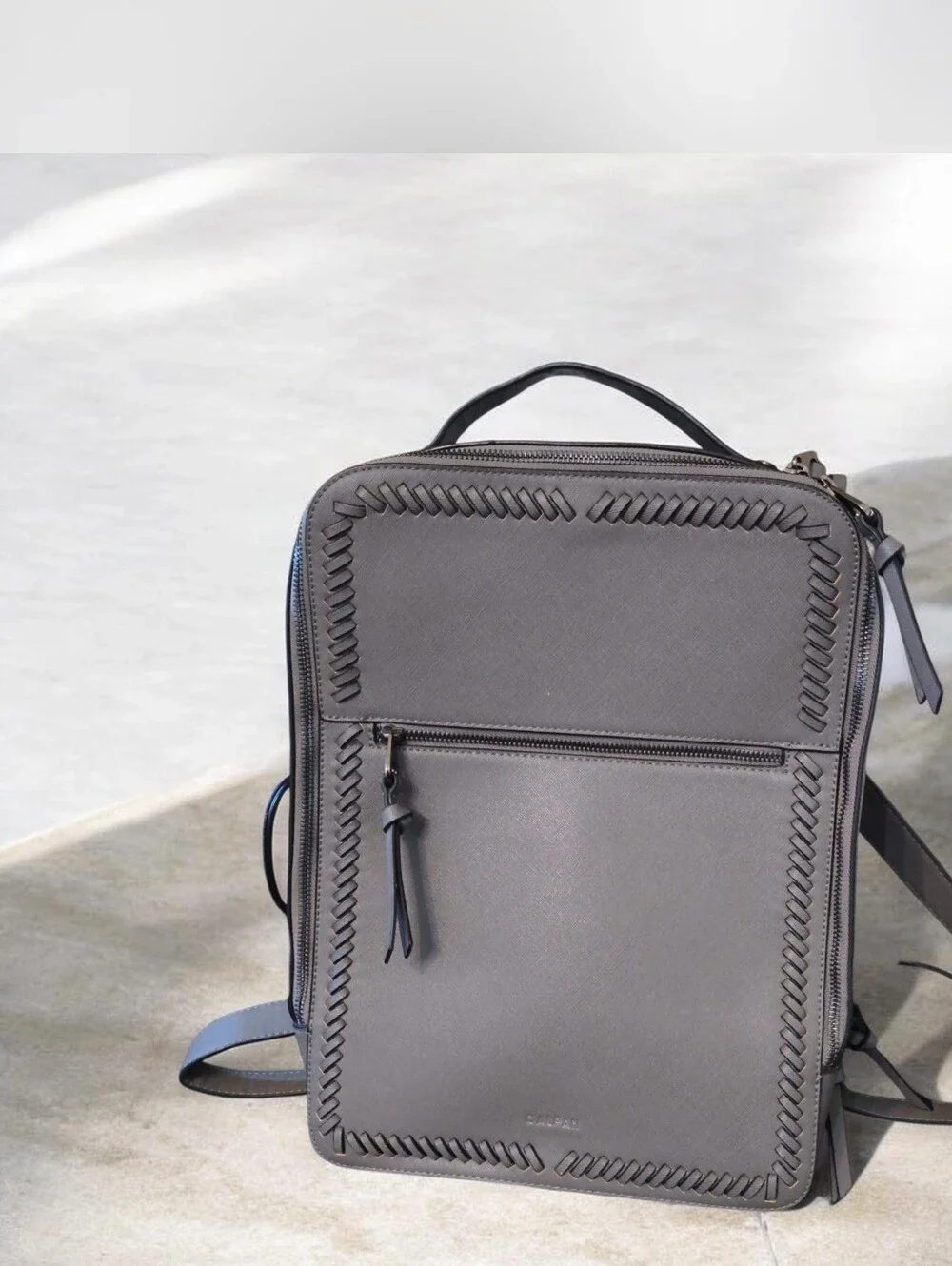CALPAK Kaya Faux Leather Laptop Backpack Gray Whipstitched Business Travel 15